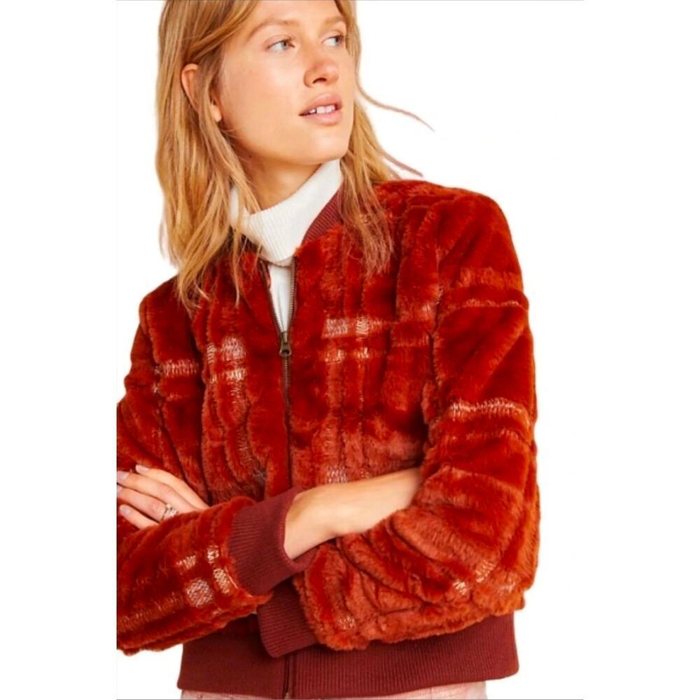 Anthropologie Faux Fur Plaid Teddy Bomber Jacket